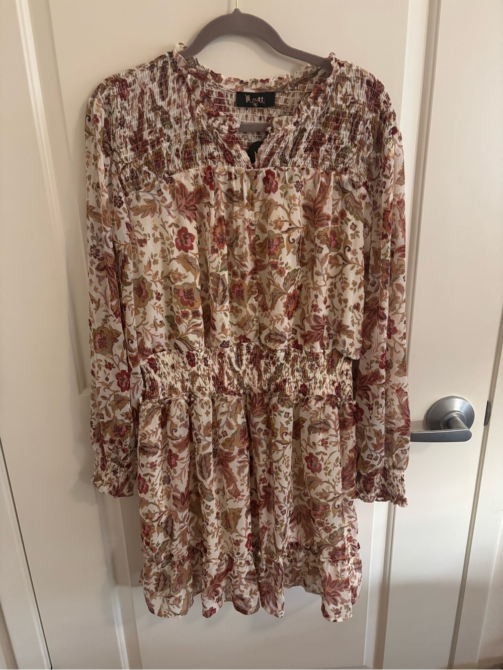Floral Smocked Waist Long Sleeve Dress -Cream & Rust, NWT, Meritt Clothing Label